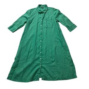 J. Jill Love Linen Shirtdress‎ Womens Medium Petite Midi Green Button Up Pockets